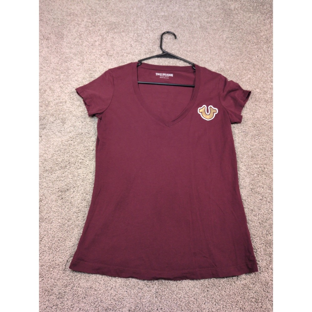 True Religion Womens Burgundy VNeck Buddha Graphic T-Shirt Gold Horseshoe Medium